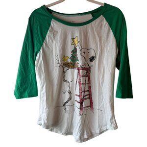 Peanuts Snoopy Christmas Raglan T-Shirt XL Cotton Blend Green White Used READ